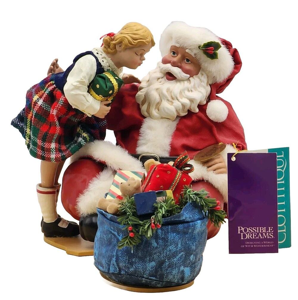 Possible Dreams Clothtique Merry Kissmas Musical Girl Kissing Santa 2001 W/ Tags